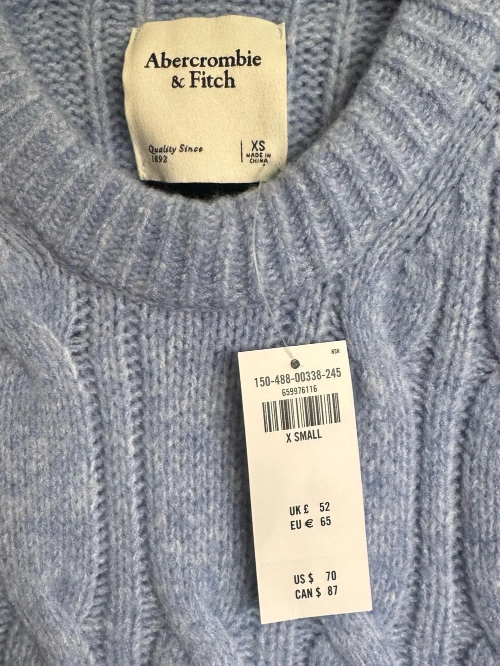 Abercrombie & Fitch Pale Blue Cable Knit Crewneck Sweater